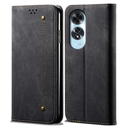For Oppo A60 4G Case Jeans Cloth Texture Anti-Scratch Leather Stand Phone Cover - Black
