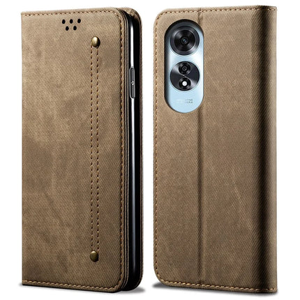 For Oppo A60 4G Case Jeans Cloth Texture Anti-Scratch Leather Stand Phone Cover - Khaki
