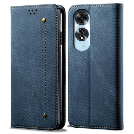 For Oppo A60 4G Case Jeans Cloth Texture Anti-Scratch Leather Stand Phone Cover - Blue