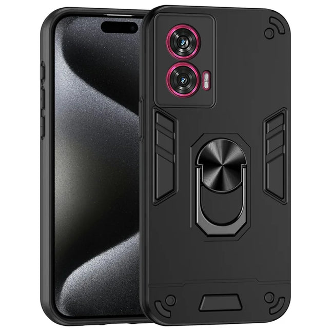For Motorola Edge 50 Fusion 5G Case PC+TPU Drop Defend Phone Cover with Ring Kickstand - Black