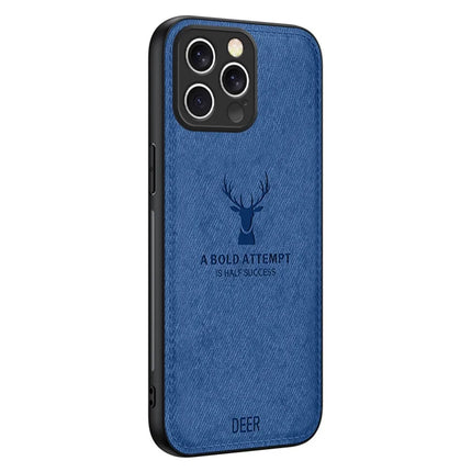For iPhone 16 Pro Case Deer Pattern Cloth Texture PU Leather Hybrid Phone Cover - Blue