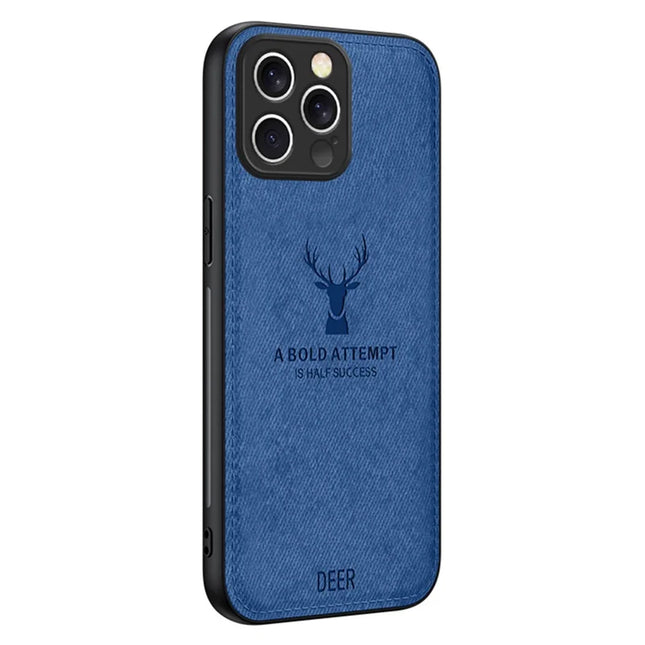 For iPhone 16 Pro Case Deer Pattern Cloth Texture PU Leather Hybrid Phone Cover - Blue