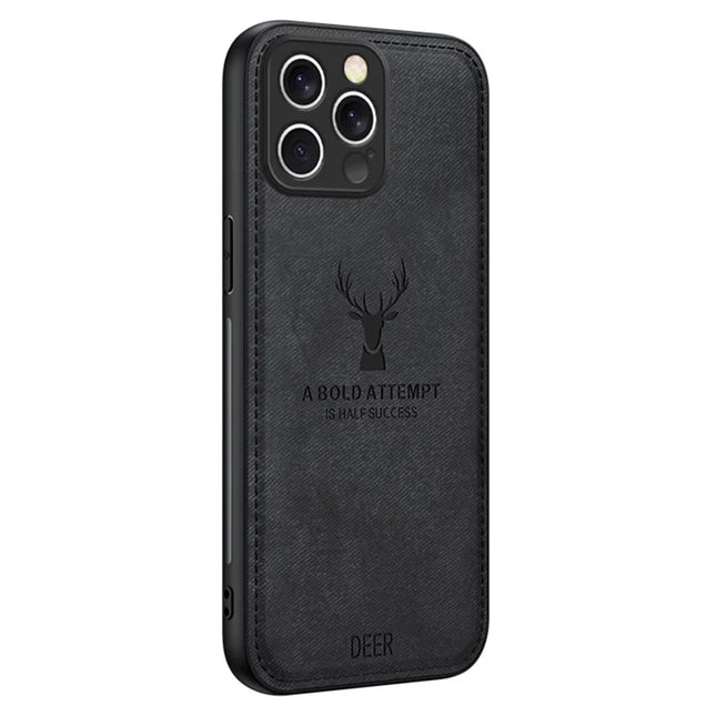 For iPhone 16 Pro Case Deer Pattern Cloth Texture PU Leather Hybrid Phone Cover - Black