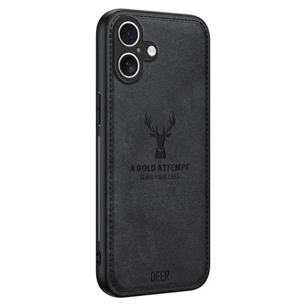 For iPhone 16 Plus Case Deer Pattern Cloth Texture PU Leather Hybrid Phone Cover - Black