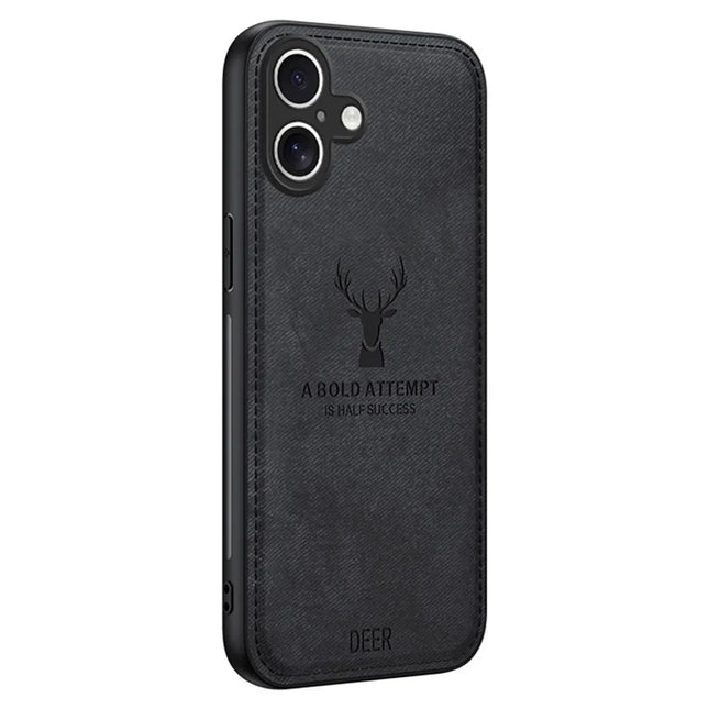 For iPhone 16 Plus Case Deer Pattern Cloth Texture PU Leather Hybrid Phone Cover - Black
