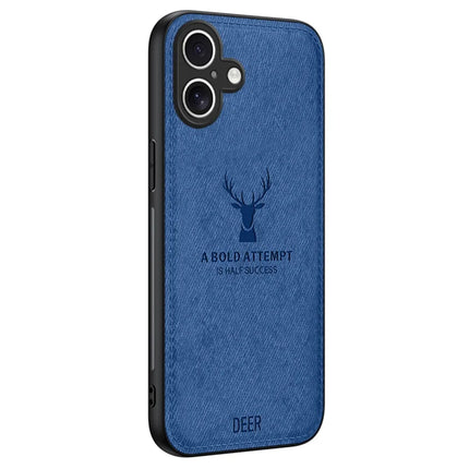 For iPhone 16 Plus Case Deer Pattern Cloth Texture PU Leather Hybrid Phone Cover - Blue