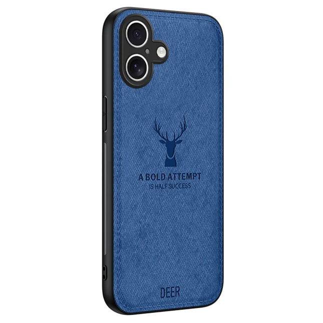 For iPhone 16 Plus Case Deer Pattern Cloth Texture PU Leather Hybrid Phone Cover - Blue
