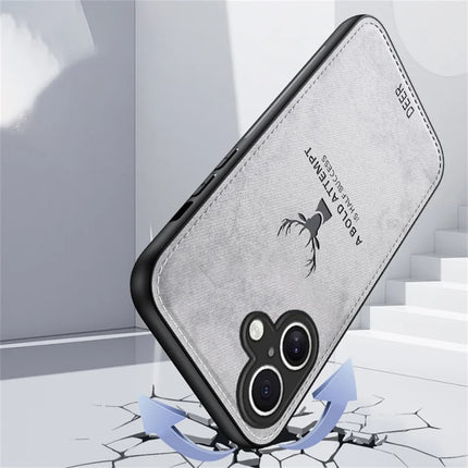 For iPhone 16 Plus Case Deer Pattern Cloth Texture PU Leather Hybrid Phone Cover