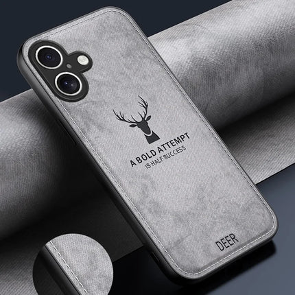 For iPhone 16 Plus Case Deer Pattern Cloth Texture PU Leather Hybrid Phone Cover