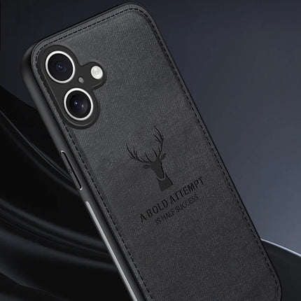 For iPhone 16 Plus Case Deer Pattern Cloth Texture PU Leather Hybrid Phone Cover