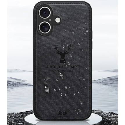 For iPhone 16 Plus Case Deer Pattern Cloth Texture PU Leather Hybrid Phone Cover