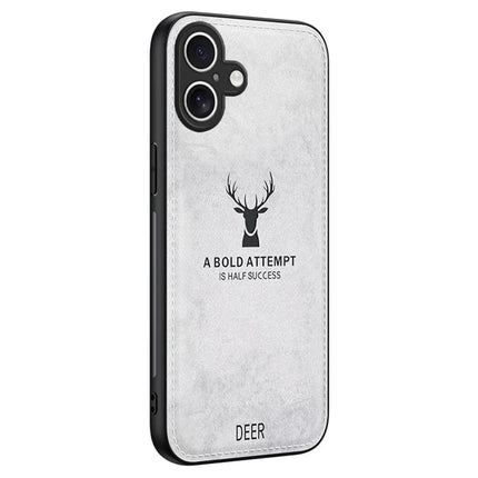 For iPhone 16 Plus Case Deer Pattern Cloth Texture PU Leather Hybrid Phone Cover - Grey