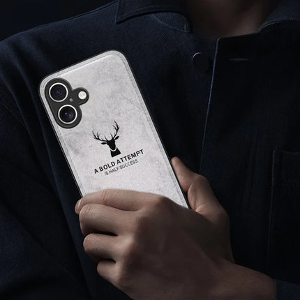 For iPhone 16 Plus Case Deer Pattern Cloth Texture PU Leather Hybrid Phone Cover