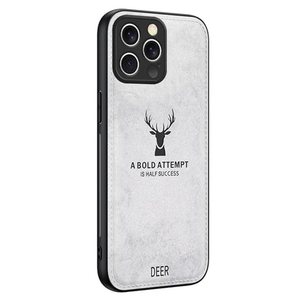 For iPhone 16 Pro Max Case Deer Pattern Cloth Texture PU Leather Hybrid Phone Cover - Grey