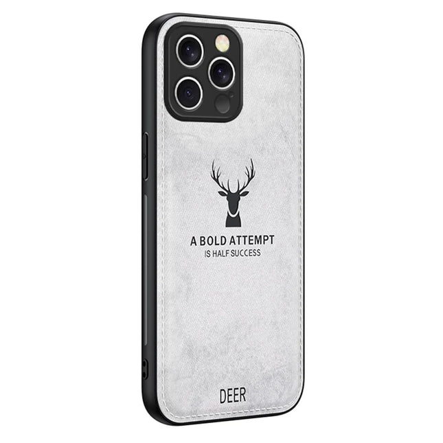 For iPhone 16 Pro Max Case Deer Pattern Cloth Texture PU Leather Hybrid Phone Cover - Grey