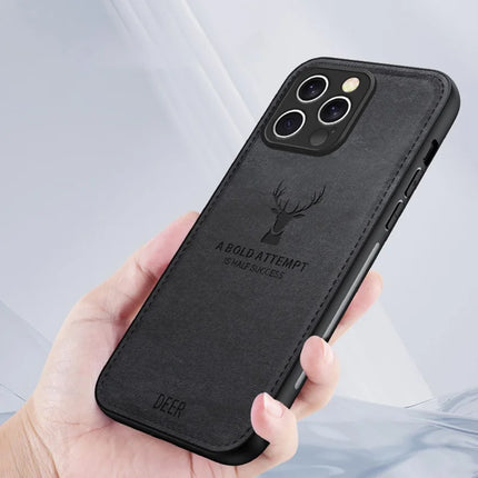 For iPhone 16 Pro Max Case Deer Pattern Cloth Texture PU Leather Hybrid Phone Cover
