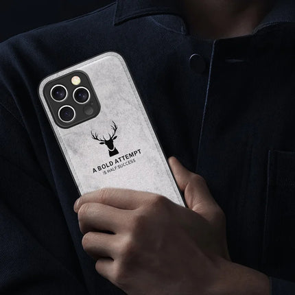 For iPhone 16 Pro Max Case Deer Pattern Cloth Texture PU Leather Hybrid Phone Cover