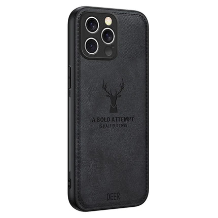 For iPhone 16 Pro Max Case Deer Pattern Cloth Texture PU Leather Hybrid Phone Cover - Black