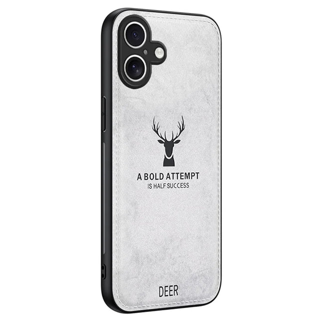 For iPhone 16 Case Deer Pattern Cloth Texture PU Leather Hybrid Phone Cover - Grey