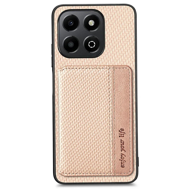 For Honor X6b 4G Case RFID Blocking Card Holder Carbon Fiber Leather+PC+TPU Phone Cover - Apricot