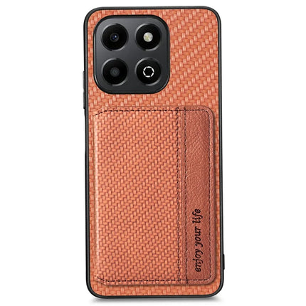 For Honor X6b 4G Case RFID Blocking Card Holder Carbon Fiber Leather+PC+TPU Phone Cover - Brown