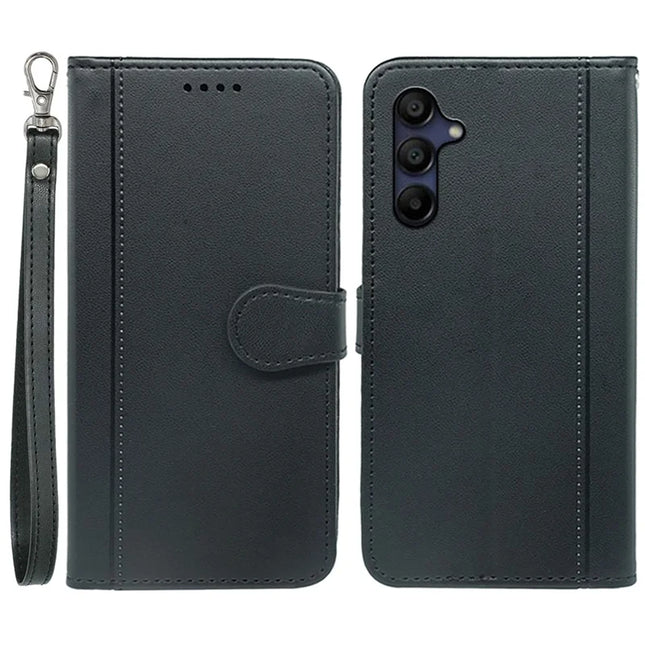 For Samsung Galaxy A16 5G / A16 4G Wallet Case Magnetic Snap Leather Phone Cover with Strap - Black