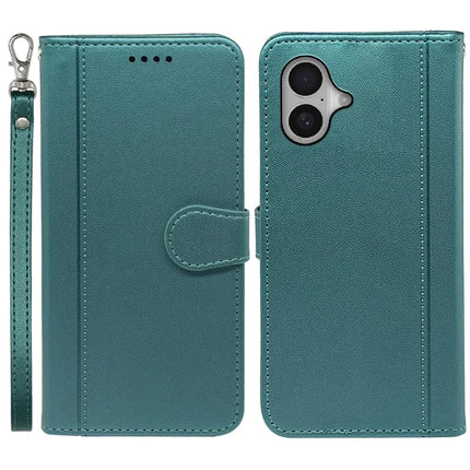 For iPhone 16 Wallet Case Magnetic Snap Leather Phone Cover with Strap - Green