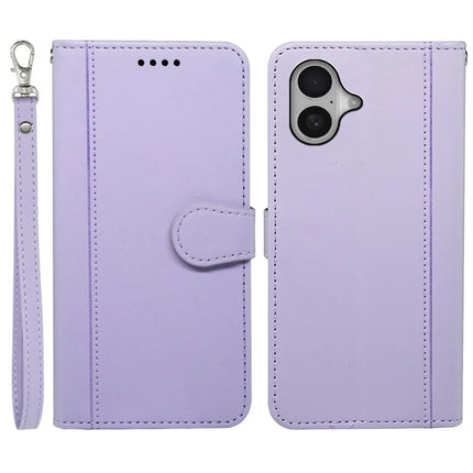For iPhone 16 Wallet Case Magnetic Snap Leather Phone Cover with Strap - Purple