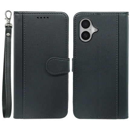 For iPhone 16 Plus Wallet Case Magnetic Snap Leather Phone Cover with Strap - Black