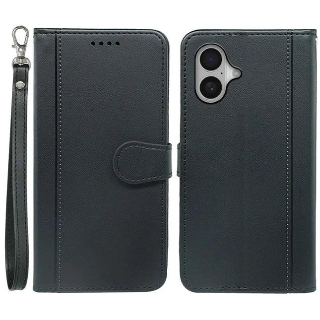 For iPhone 16 Plus Wallet Case Magnetic Snap Leather Phone Cover with Strap - Black