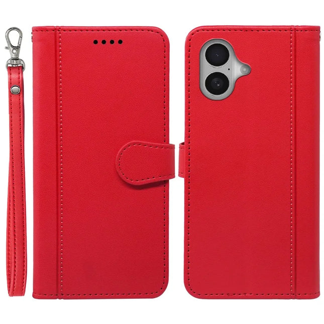 For iPhone 16 Plus Wallet Case Magnetic Snap Leather Phone Cover with Strap - Red