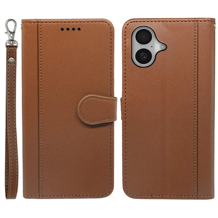 For iPhone 16 Plus Wallet Case Magnetic Snap Leather Phone Cover with Strap - Brown