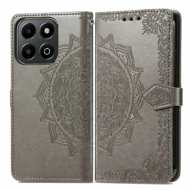 For Honor X6b 4G Wallet Case Mandala Flower Leather Phone Cover Stand View - Grey