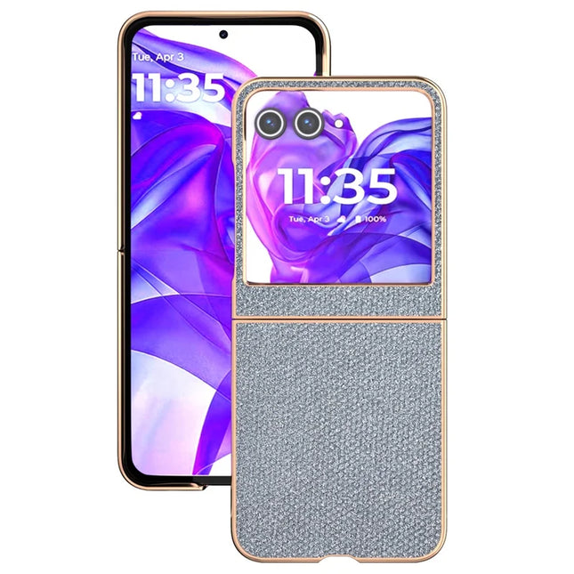 For Motorola Razr 50 5G Case Rhinestone Texture PU+TPU Phone Cover Electroplating Edge - Grey