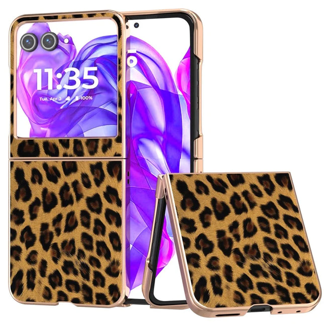 For Motorola Razr 50 5G Case Electroplating Leopard Pattern PU+TPU Phone Cover - Gold