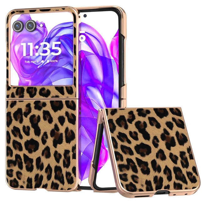 For Motorola Razr 50 5G Case Electroplating Leopard Pattern PU+TPU Phone Cover - Champagne Gold