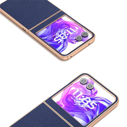 ABEEL For Motorola Razr 50 5G Case Genuine Cow Leather+PC+TPU Electroplating Phone Cover