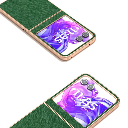 ABEEL For Motorola Razr 50 5G Case Genuine Cow Leather+PC+TPU Electroplating Phone Cover