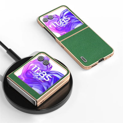 ABEEL For Motorola Razr 50 5G Case Genuine Cow Leather+PC+TPU Electroplating Phone Cover