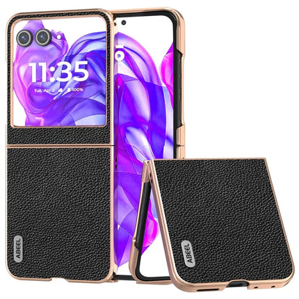 ABEEL For Motorola Razr 50 5G Case Genuine Cow Leather+PC+TPU Electroplating Phone Cover - Black