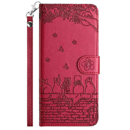For Samsung Galaxy A06 Case with Wrist Strap Leather Phone Cover Wall Cats Pattern