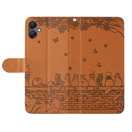 For Samsung Galaxy A06 Case with Wrist Strap Leather Phone Cover Wall Cats Pattern