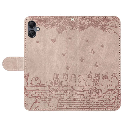 For Samsung Galaxy A06 Case with Wrist Strap Leather Phone Cover Wall Cats Pattern