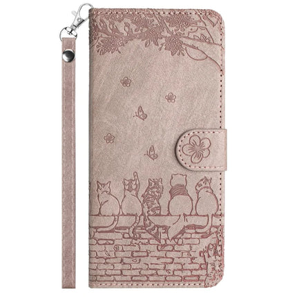For Samsung Galaxy A06 Case with Wrist Strap Leather Phone Cover Wall Cats Pattern