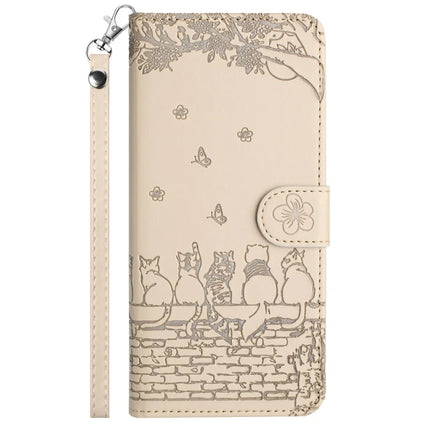 For Samsung Galaxy A06 Case with Wrist Strap Leather Phone Cover Wall Cats Pattern