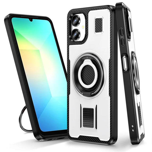 For Samsung Galaxy A06 Case TPU+PC Kickstand Phone Cover with Silicone Finger Strap - White