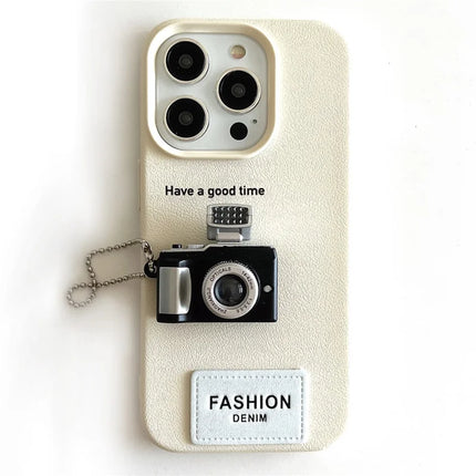 For iPhone 16 Pro Max Case Stereo Camera Decor PC+PU Phone Protective Cover - Beige
