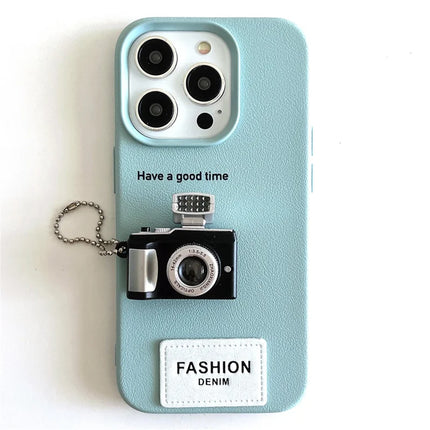 For iPhone 16 Pro Max Case Stereo Camera Decor PC+PU Phone Protective Cover - Cyan