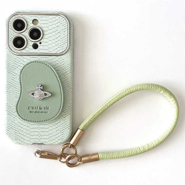 For iPhone 16 Pro Max Case Snakeskin Texture PC+PU Kickstand Phone Protective Cover with Lanyard - Green