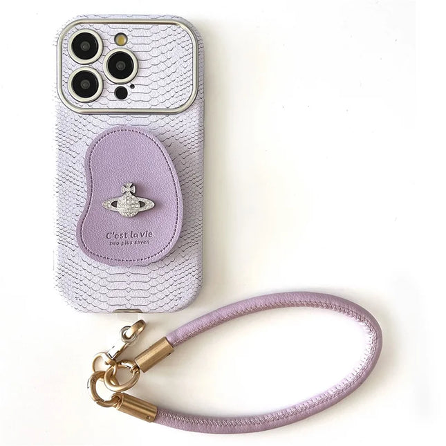 For iPhone 16 Pro Max Case Snakeskin Texture PC+PU Kickstand Phone Protective Cover with Lanyard - Purple